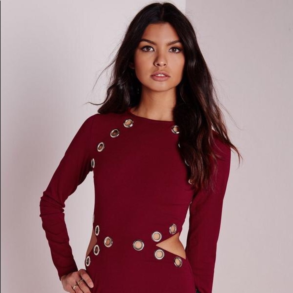 Eyelet Detail Cut Out Bodycon Dress - Burgundy